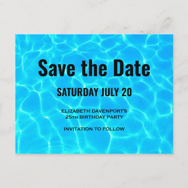 Clear Blue Pool Water Photo Save the Date Party Invitation Postcard (Front)