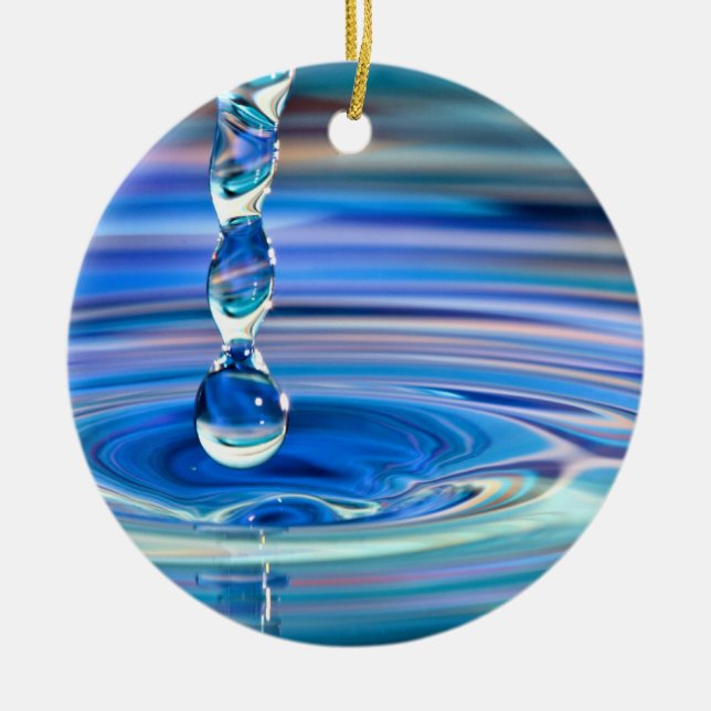 Clear Blue Water Drops Flowing Ceramic Ornament (Front)
