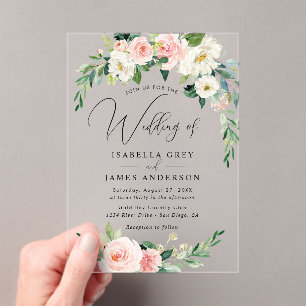Clear Blush Pink Floral Wedding Acrylic Invitations