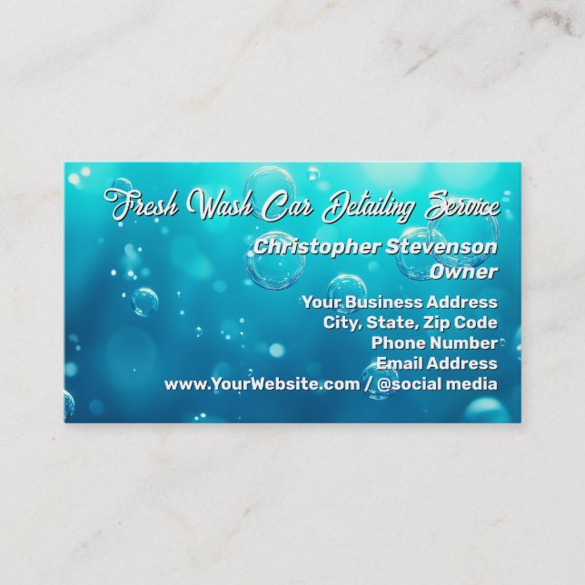 Clear Bubbles Blue Water Car Detailing Cleaning Business Card (Front)