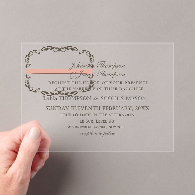 CLEAR Elegant Flourish Filligree White Wedding Acrylic Invitations (Insitu (Handheld))