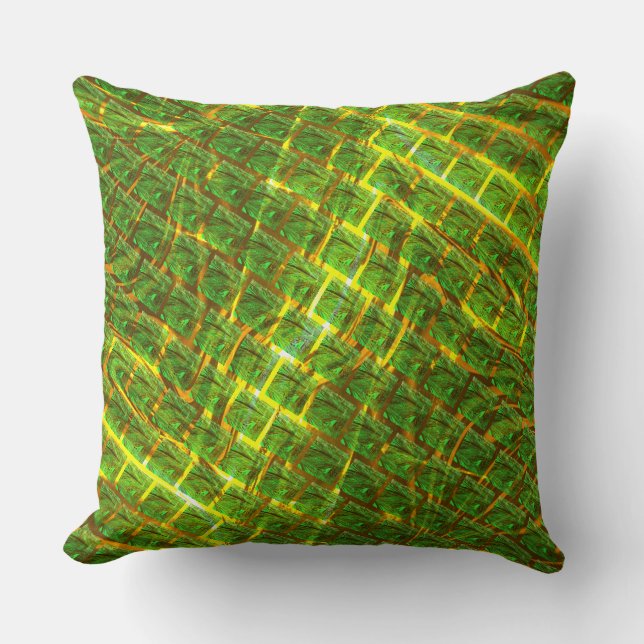 Clear green image under yellowish golden grid throw pillow (Front)