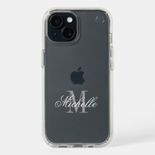 Clear iPhone 15 Speck case with custom monogram