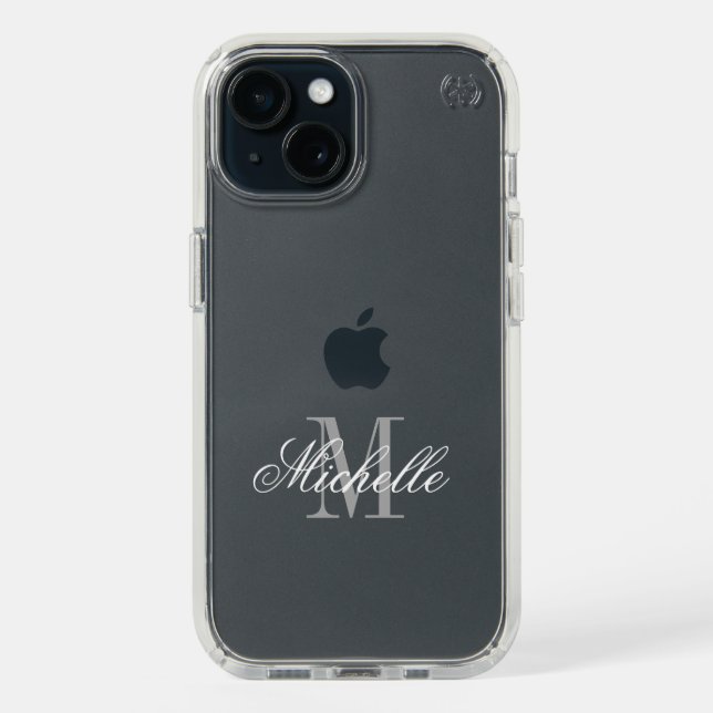 Clear iPhone 15 Speck case with custom monogram (Front (Black))