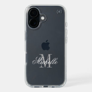 Clear iPhone 16 Speck case with elegant monogram