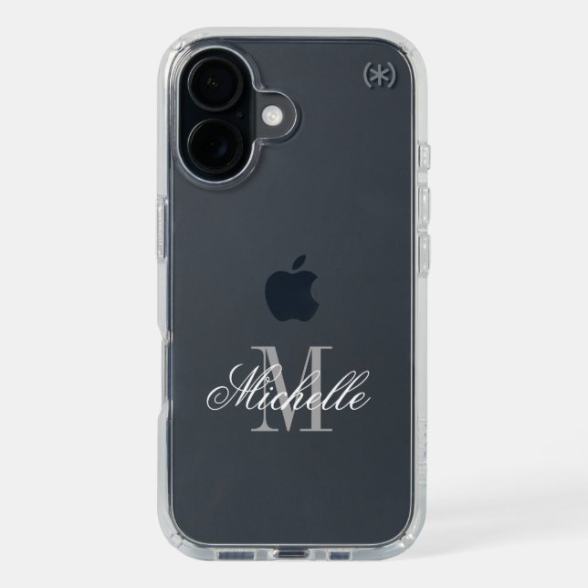 Clear iPhone 16 Speck case with elegant monogram (Front (Black))