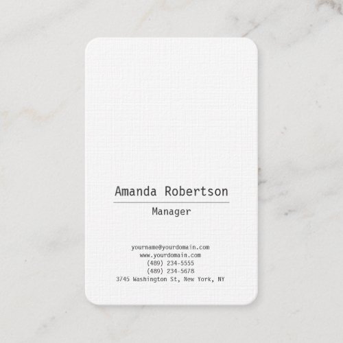 Clear legible trendy plain simple minimalist white business card
