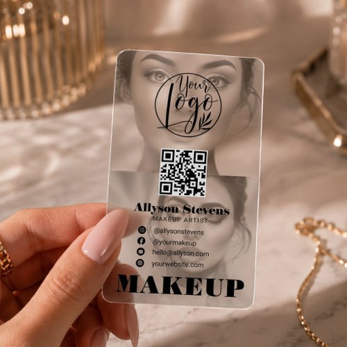 Clear Modern Makeup Artist 2 Photo Logo QR Code Business Cards