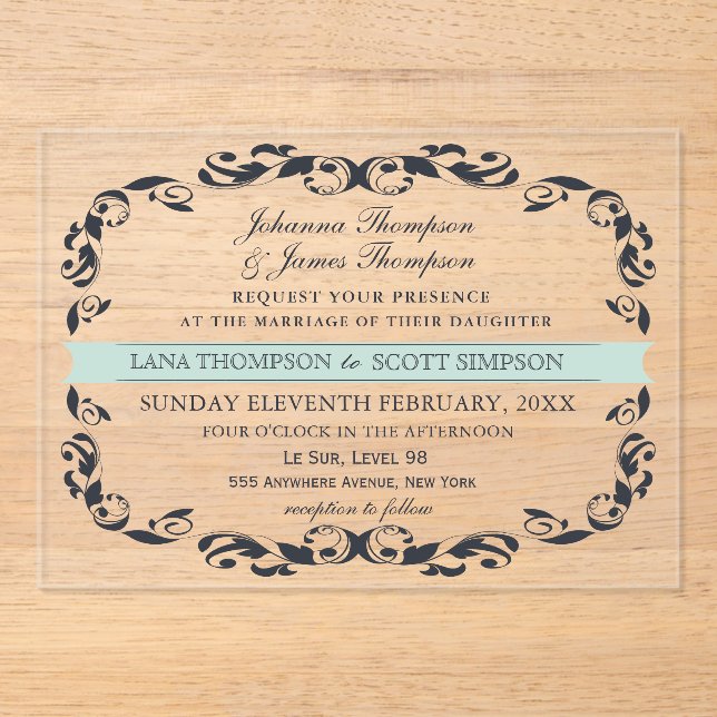 CLEAR Navy Elegant Victorian Filigree Wedding Acrylic Invitations (Front)