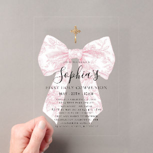 CLEAR Pink Toile Bow Cross Girl First Communion Acrylic Invitations