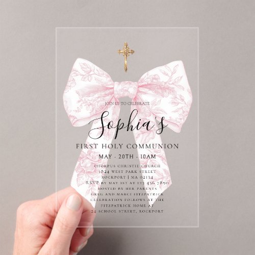 CLEAR Pink Toile Bow Cross Girl First Communion