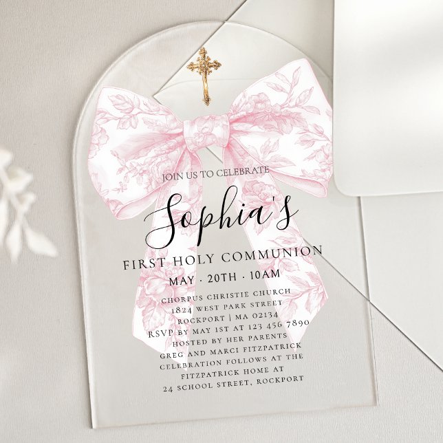 CLEAR Pink Toile Bow Girl First Communion Arch Acrylic Invitations (Creator Uploaded)