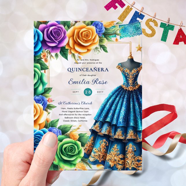 Clear Plastic Quince Fiesta Butterflies Blue Green Acrylic Invitations (Creator Uploaded)