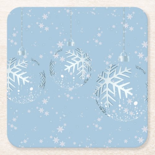 Clear Snowflake Ornaments on Pale Blue Background  Square Paper Coaster