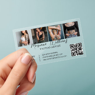 Clear Tattoo Artist QR Code 4 Photo Collage Business Cards