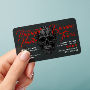 Clear Tattoo Shop Black Gothic Skull Red Script Business Cards