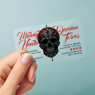 Clear Tattoo Shop Black Ornate Skull Red Script Business Cards