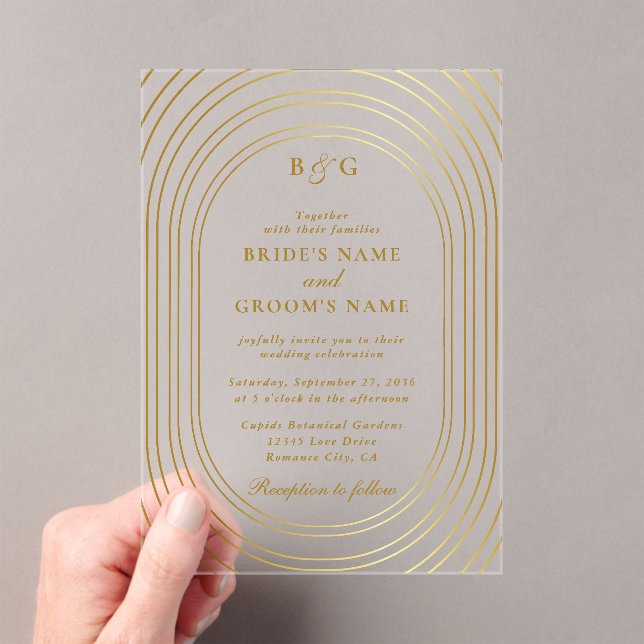 Clear Transparent Gold Arches Monogram Wedding Acrylic Invitations (Insitu (Handheld))