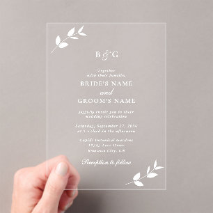 Clear Transparent Leaves Elegant Monogram Wedding Acrylic Invitations