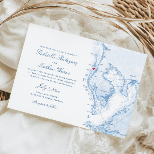 Clearwater Beach Elegant Watercolor Map Wedding Invitation