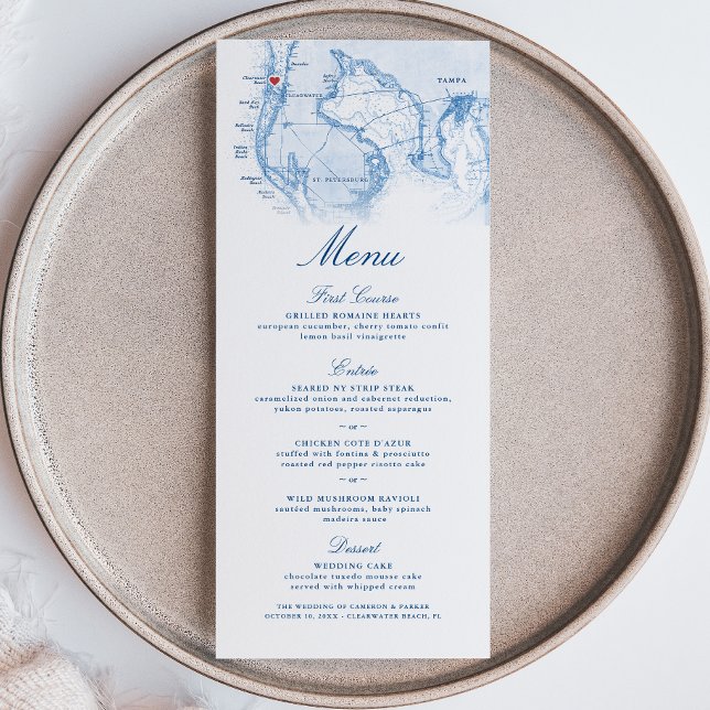 Clearwater Beach FL Map Elegant Navy Blue Wedding Menu (Clearwater Beach FL Wedding Menu in Elegant Navy Blue from Coastal Map Designs)