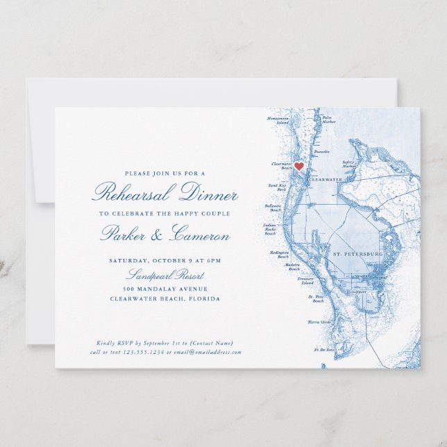 Clearwater Beach FL Map Navy Blue Rehearsal Dinner Invitation (Front)