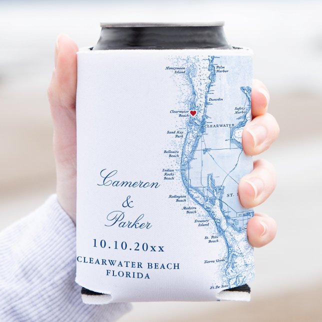Clearwater Beach FL Map Wedding Favor Drink Can Cooler (Clearwater Beach FL Can Coozie Wedding Favor in elegant navy blue from Coastal Map Designs)