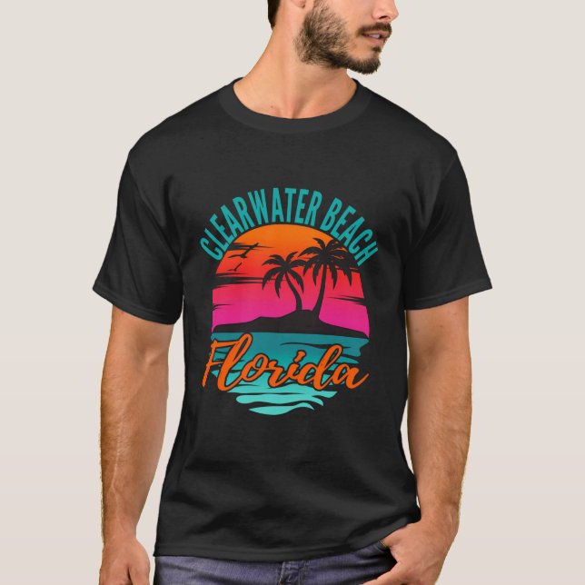 Clearwater Beach Florida Palm Tree Island Pink Sun T-Shirt (Front)