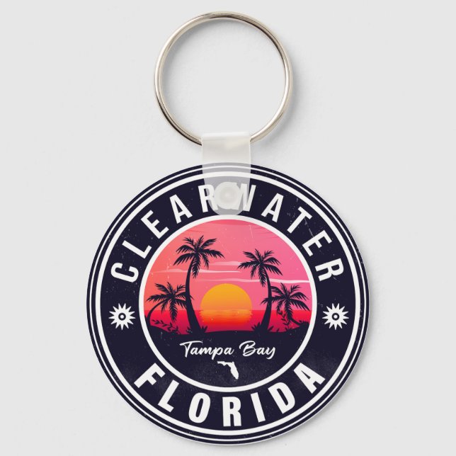 Clearwater Beach Florida Retro Sunset Souvenirs Keychain (Front)