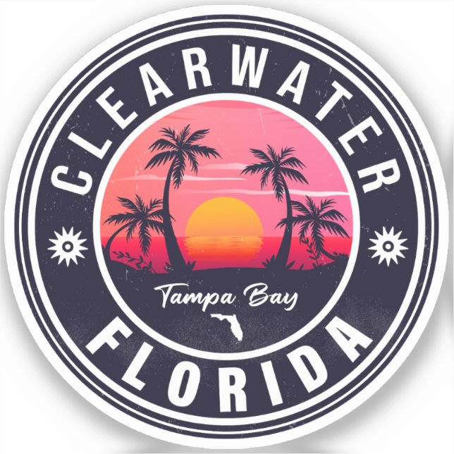 Clearwater Beach Florida Retro Sunset Souvenirs Sticker (Front)