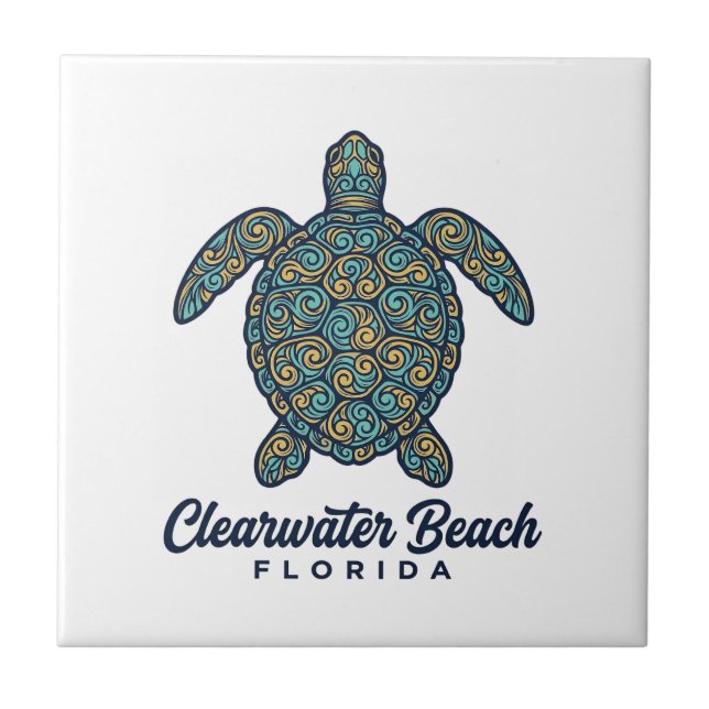 Clearwater Beach Florida Sea Turtle Vector Design_ Ceramic Tile (Front)