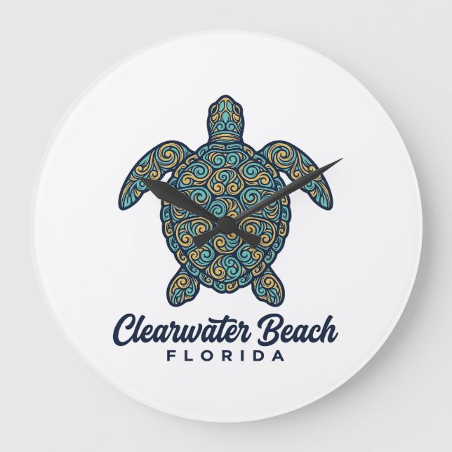 Clearwater Beach Florida Sea Turtle Vector Design_ Large Clock (Front)