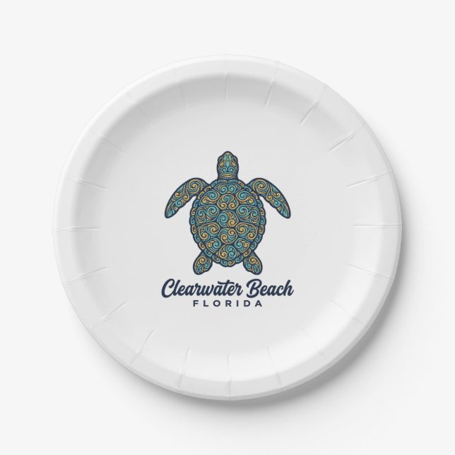 Clearwater Beach Florida Sea Turtle Vector Design_ Paper Plates (Front)
