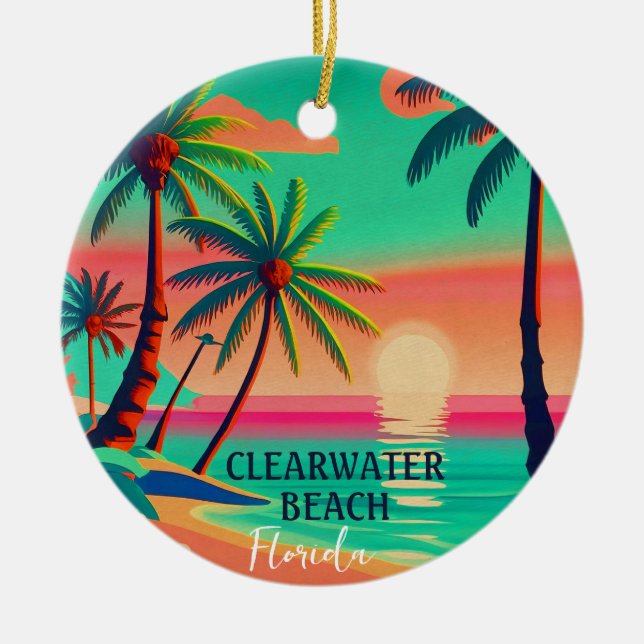 Clearwater Beach Florida Tropical Palm Tree 1950s Ceramic Ornament (Front)