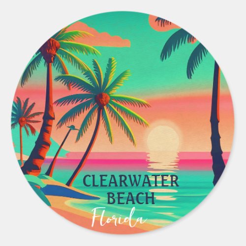 Clearwater Beach Florida Tropical Palm Tree 1950s Classic Round Sticker