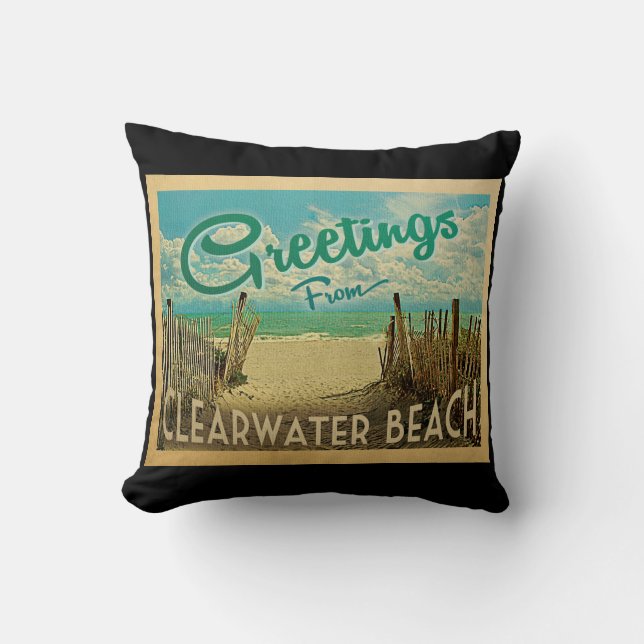 Clearwater Beach Vintage Travel Throw Pillow (Front)