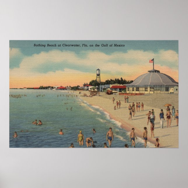 Clearwater, FL - Swimmers & Sunbathers on Beach Poster (Front)
