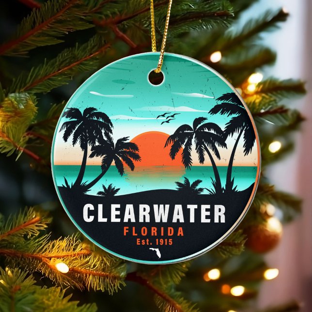Clearwater Florida Beach Retro Sunset Souvenirs Ceramic Ornament (Creator Uploaded)