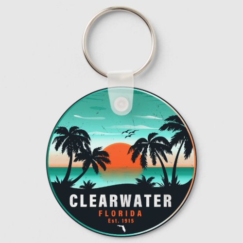Clearwater Florida Beach Retro Sunset Souvenirs Keychain