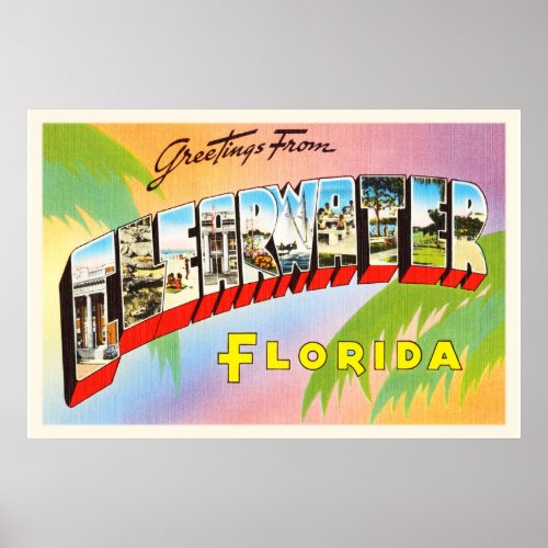 Clearwater Florida FL Old Vintage Travel Souvenir Poster