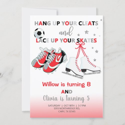Cleats and skates girls siblings birthday invite invitation
