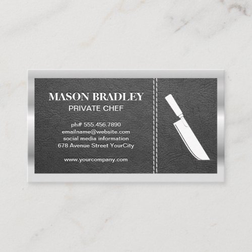 Cleaver Knife  Leather Stitched  Metallic Border Business Card