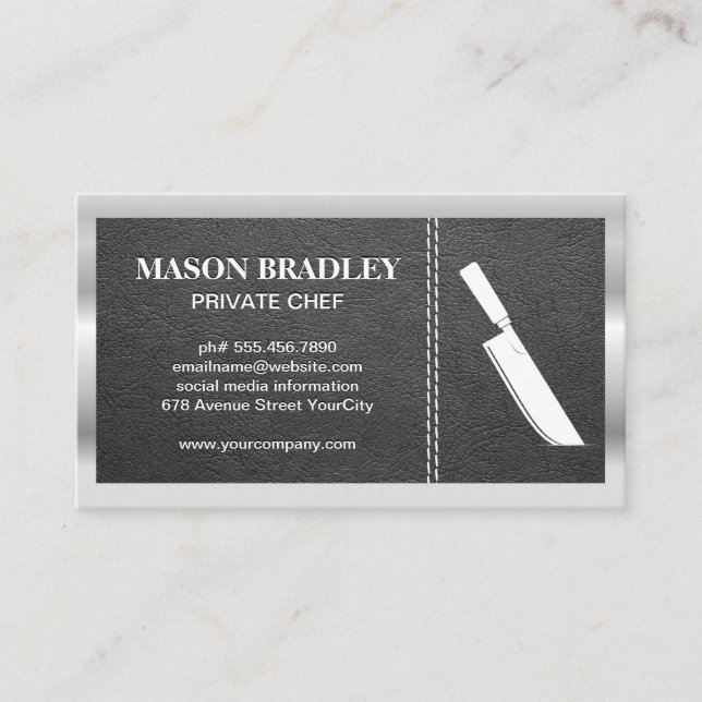 Cleaver Knife | Leather Stitched | Metallic Border Business Card (Front)