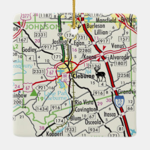 Cleburne TX Road Map Ceramic Ornament
