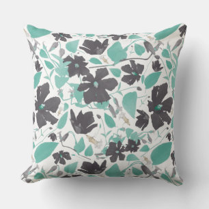 Clematis Floral Gray Teal Watercolor Throw Pillow
