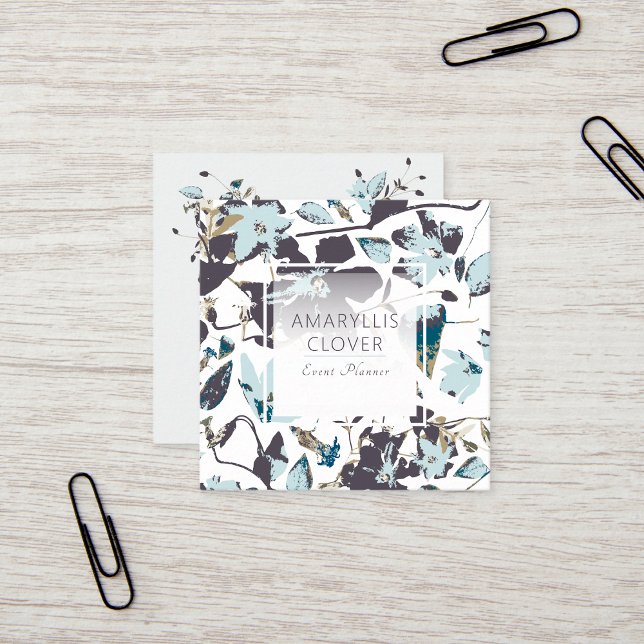Clematis Flowering Blue Brown Vine Square Business Card (Clematis Flowering Blue Brown Vine Square Business Card from Studio Posies.)