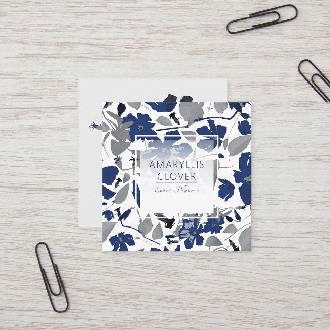 Clematis Flowering Blue Gray Vine Square Business Card (Clematis Vine Elegant Blue Gray Flowers square business cards from Studio Posies. )