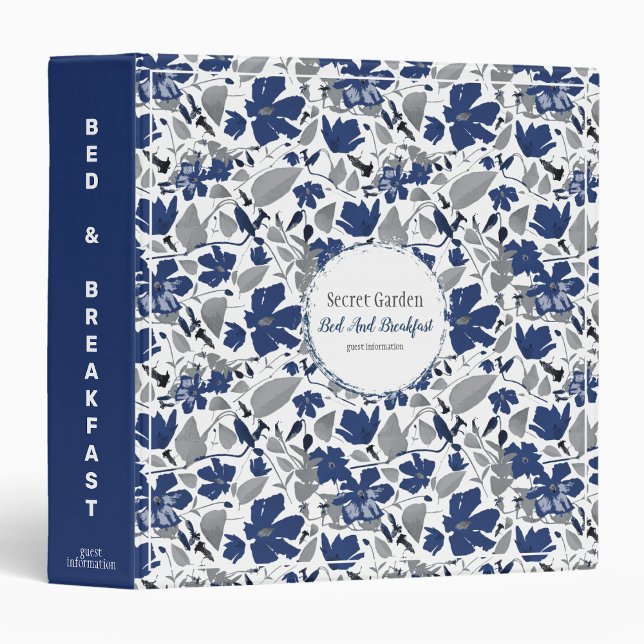 Clematis Flowers Bed Breakfast Guest Information 3 Ring Binder (Clematis Vine Elegant Blue Gray Flowers customizable binder from Studio Posies. )