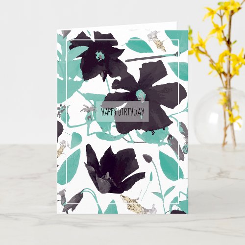 Clematis Flowers Teal Happy Birthday Card