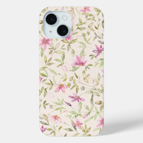 Clematis garden watercolor floral beige pink iPhone 15 case